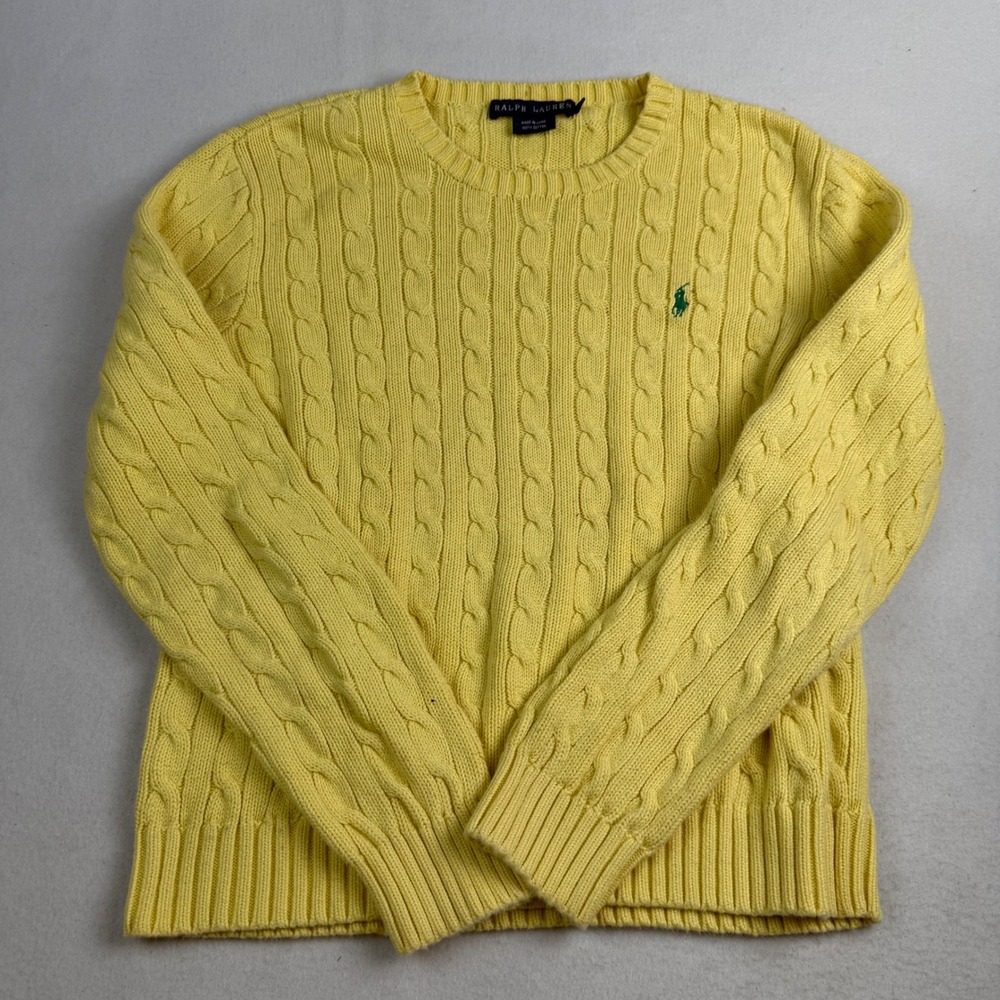 Ralph Lauren Womens XL Yellow Cable Knit Cotton Crewneck‎ Sweater Pony Logo
